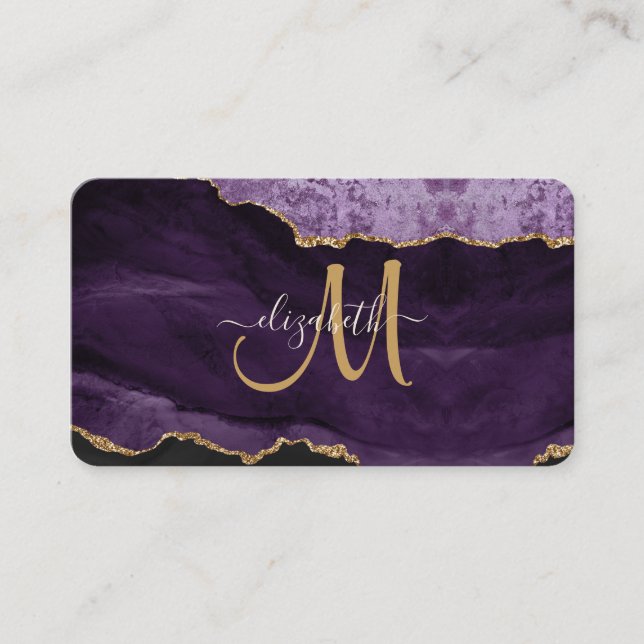 Chic Purple Gold Glitter Agate Custom Monogram Business Card (Front)