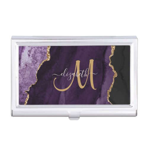 Chic Purple Gold Glitter Agate Custom Monogram Business Card Case