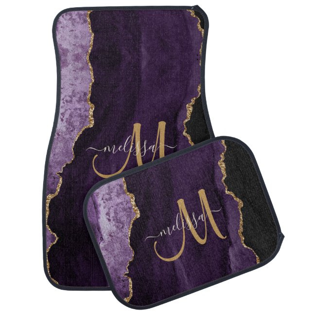 Chic Purple Gold Glitter Agate Custom Monogram Car Floor Mat (Set)