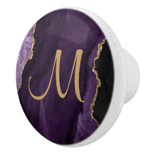 Chic Purple Gold Glitter Agate Custom Monogram Ceramic Knob