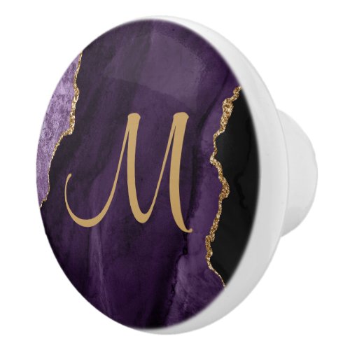 Chic Purple Gold Glitter Agate Custom Monogram Ceramic Knob