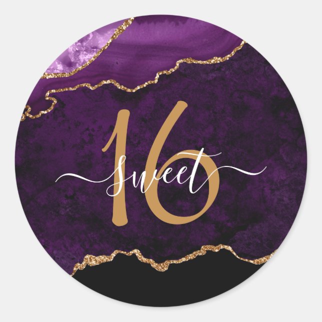 Chic Purple Gold Glitter Agate Custom Monogram Classic Round Sticker (Front)