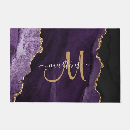 Chic Purple Gold Glitter Agate Custom Monogram Doormat