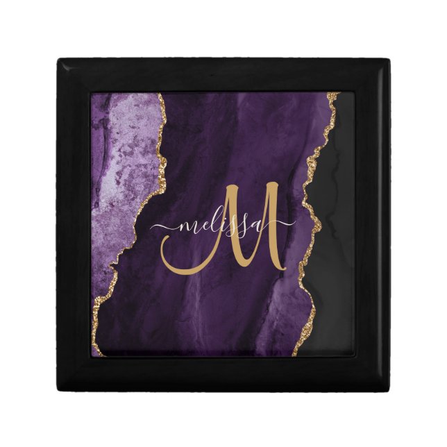 Chic Purple Gold Glitter Agate Custom Monogram Gift Box (Front)