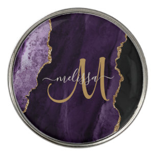 Chic Purple Gold Glitter Agate Custom Monogram Golf Ball Marker
