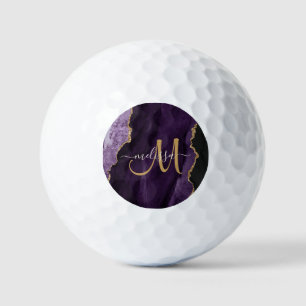 Chic Purple Gold Glitter Agate Custom Monogram Golf Balls