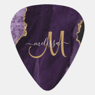 Chic Purple Gold Glitter Agate Custom Monogram Guitar Pick