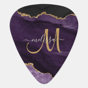 Chic Purple Gold Glitter Agate Custom Monogram Guitar Pick