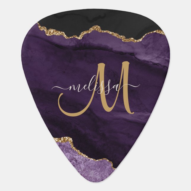 Chic Purple Gold Glitter Agate Custom Monogram Guitar Pick (Front)