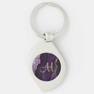 Chic Purple Gold Glitter Agate Custom Monogram Keychain