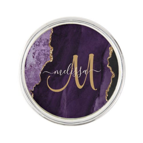Chic Purple Gold Glitter Agate Custom Monogram Lapel Pin