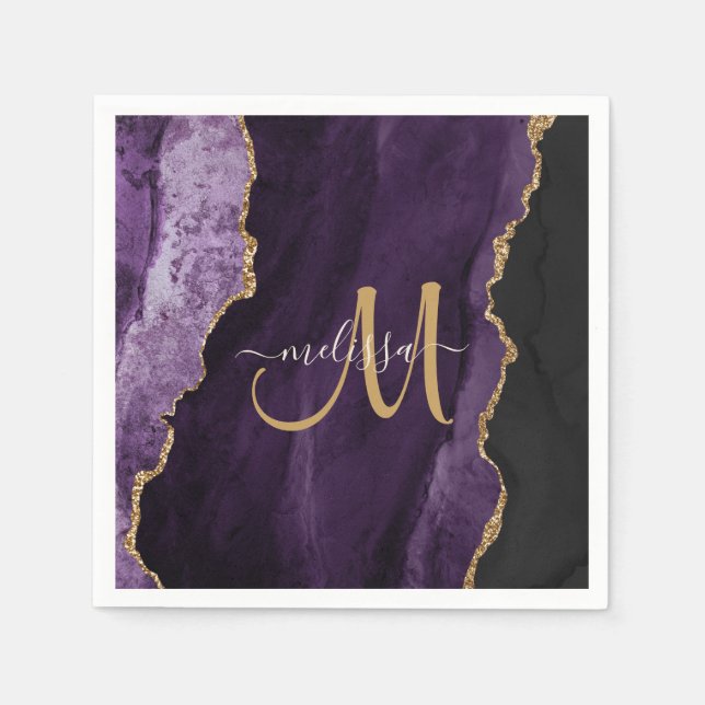 Chic Purple Gold Glitter Agate Custom Monogram Napkins (Front)