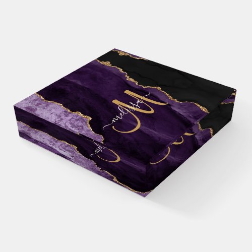 Chic Purple Gold Glitter Agate Custom Monogram Paperweight