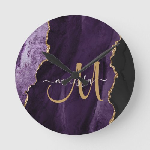 Chic Purple Gold Glitter Agate Custom Monogram Round Clock
