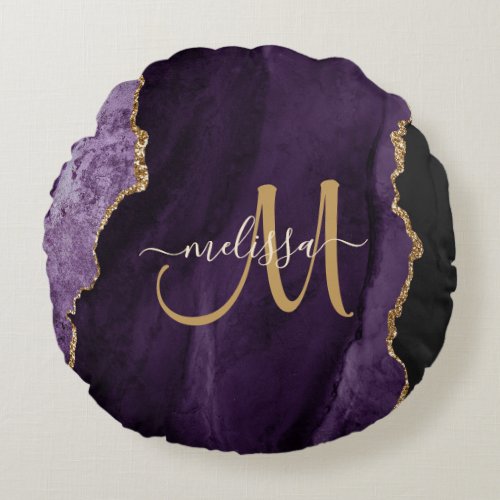 Chic Purple Gold Glitter Agate Custom Monogram Round Pillow