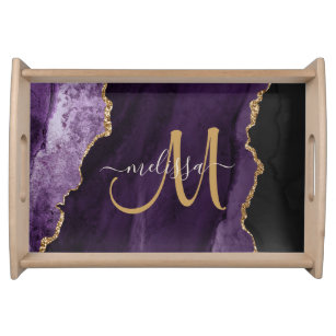 Chic Purple Gold Glitter Agate Custom Monogram Serving Tray