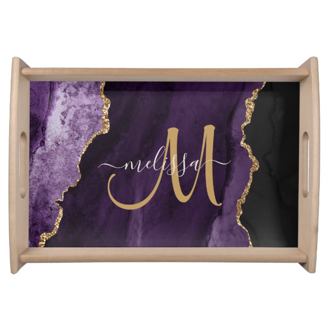 Chic Purple Gold Glitter Agate Custom Monogram Serving Tray (Front)