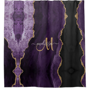 Chic Purple Gold Glitter Agate Custom Monogram Shower Curtain