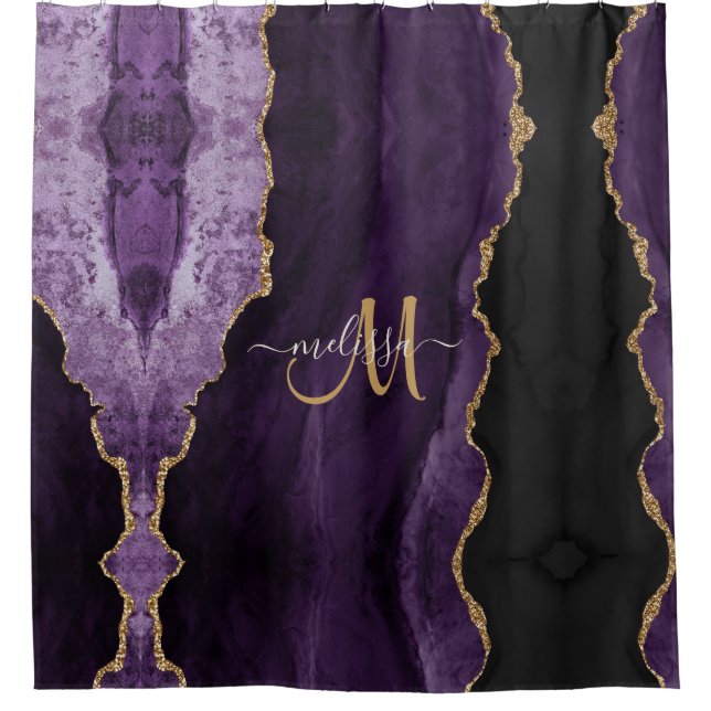 Chic Purple Gold Glitter Agate Custom Monogram Shower Curtain (Front)