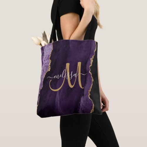 Chic Purple Gold Glitter Agate Custom Monogram Tote Bag