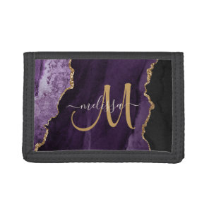 Chic Purple Gold Glitter Agate Custom Monogram Tri-fold Wallet