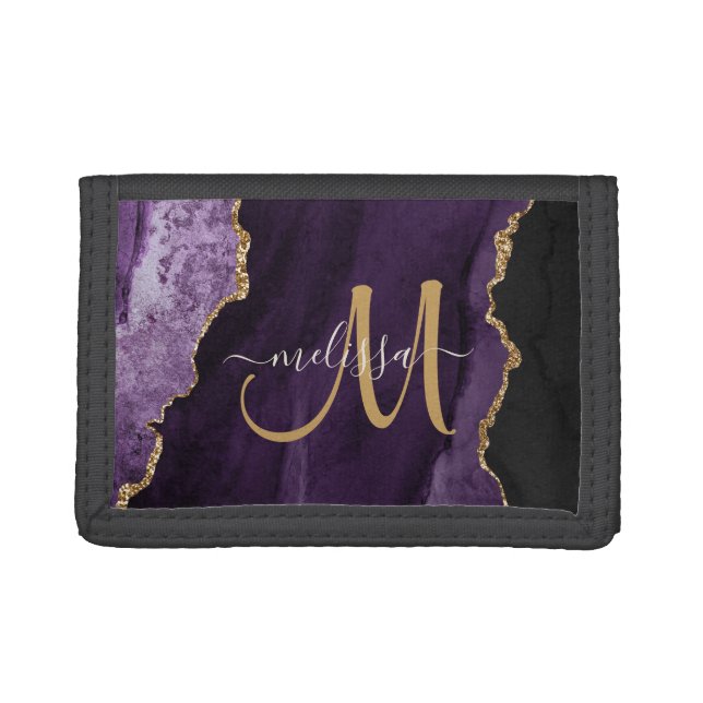 Chic Purple Gold Glitter Agate Custom Monogram Trifold Wallet (Front)