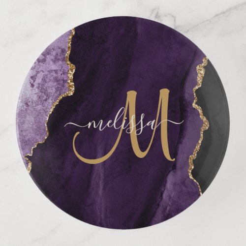 Chic Purple Gold Glitter Agate Custom Monogram Trinket Tray