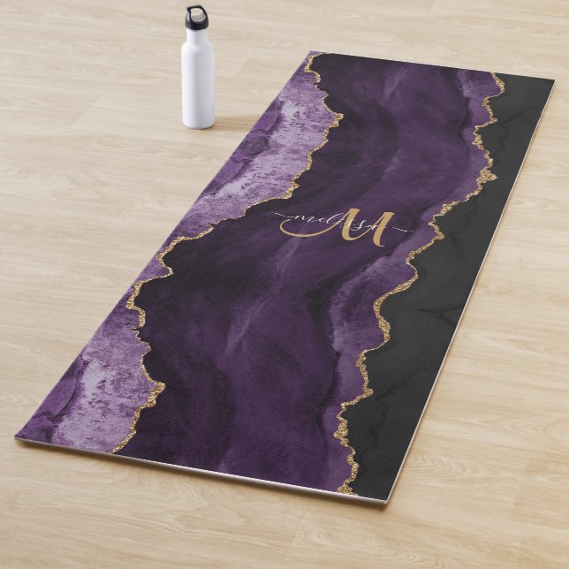 Chic Purple Gold Glitter Agate Custom Monogram Yoga Mat (In Situ)
