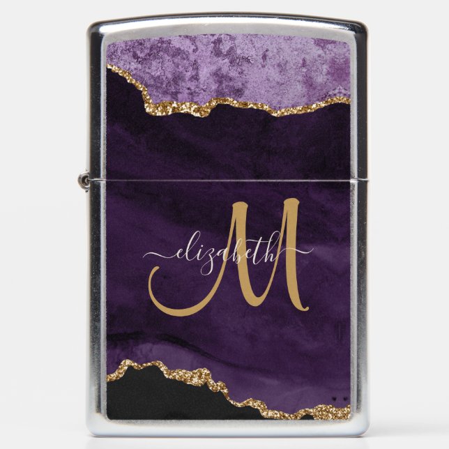 Chic Purple Gold Glitter Agate Custom Monogram Zippo Lighter (Front)
