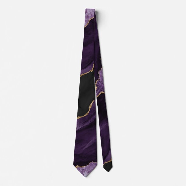 Chic  Purple Gold Glitter Agate Marble Wedding Neck Tie (Front)