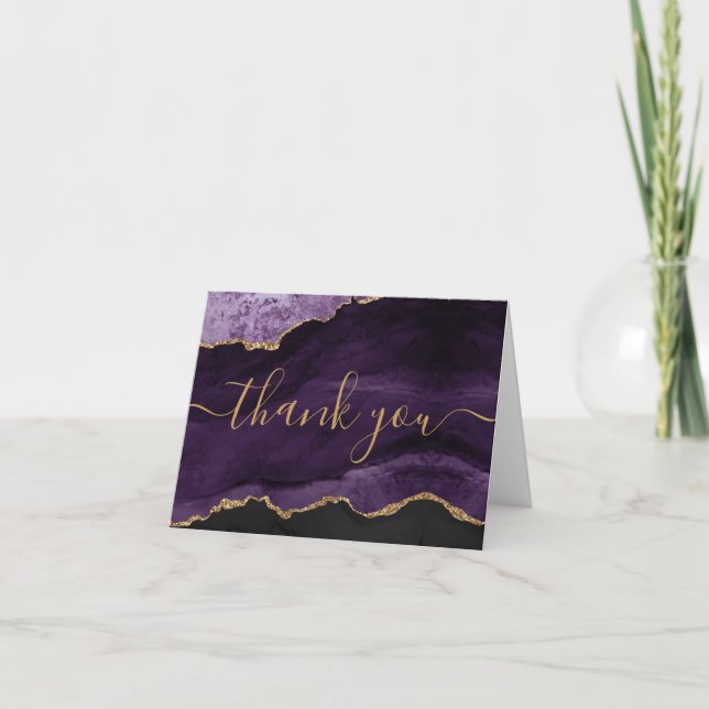 Chic Purple Gold Glitter Agate Monogram Letterpress Thank You Card (Front)