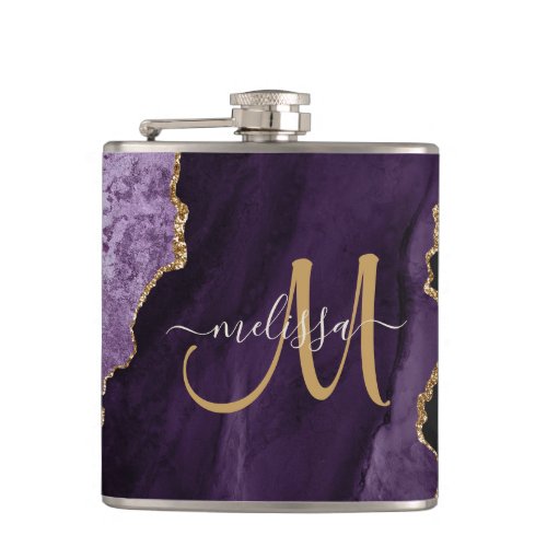 Chic Purple Gold Glitter Agate Monogram Name Flask