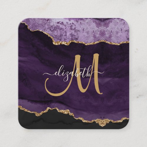 Chic Purple Gold Glitter Agate Script Monogram Square Business Card