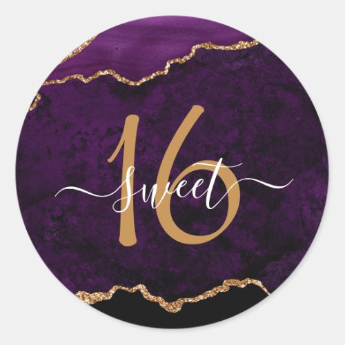 Chic Purple Gold Glitter Agate Sweet 16 Party Classic Round Sticker