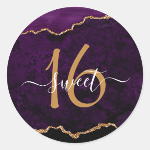 Chic Purple Gold Glitter Agate Sweet 16 Party Classic Round Sticker