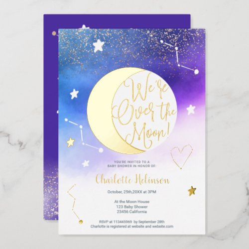 Chic Purple gold glitter over the moon baby shower Foil Invitation