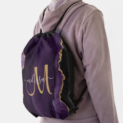 Chic Purple Gold Glitter Script Custom Monogram Drawstring Bag
