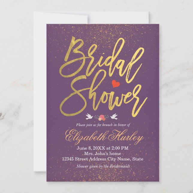Chic Purple & Gold Glitter Sparkle Bridal Shower Invitation (Front)