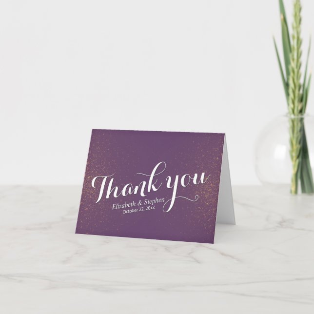 Chic Purple Gold Glitter Sparkle Wedding Thank You (Front)