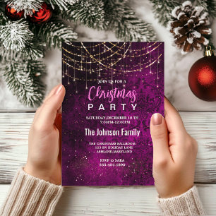 Chic purple gold holiday lights Christmas Invitation