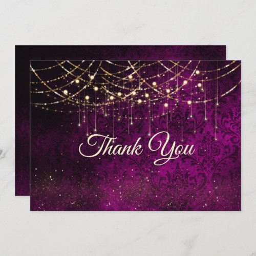 Chic purple gold holiday lights  thank you card