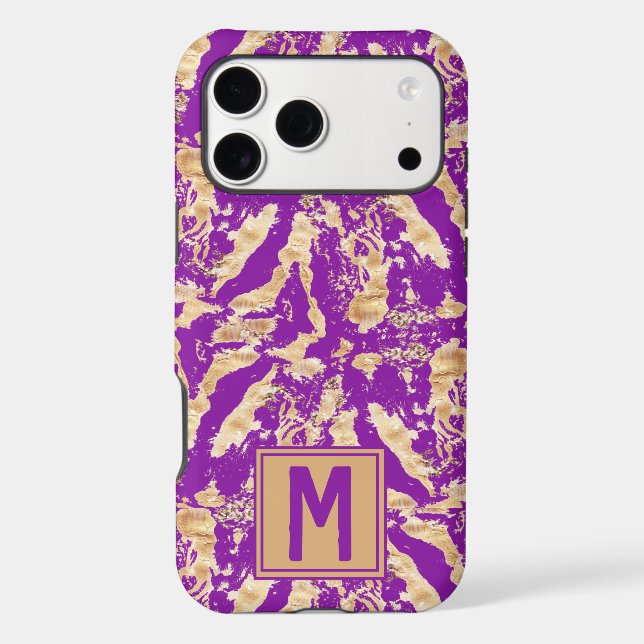Chic Purple & Gold Marble Texture Monogrammed Case-Mate iPhone Case (Back)
