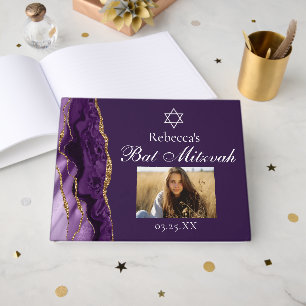 Chic Purple Gold Mitzvah Party Photo Custom Guest Book