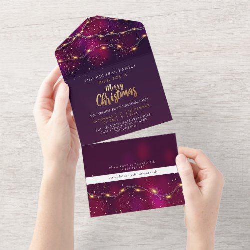 Chic Purple gold Neon Custom Christmas new year All In One Invitation
