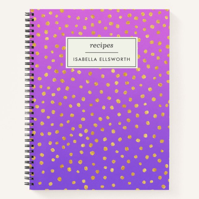 Chic Purple Gold Polka Dot Personalized Recipe  Notebook (Front)