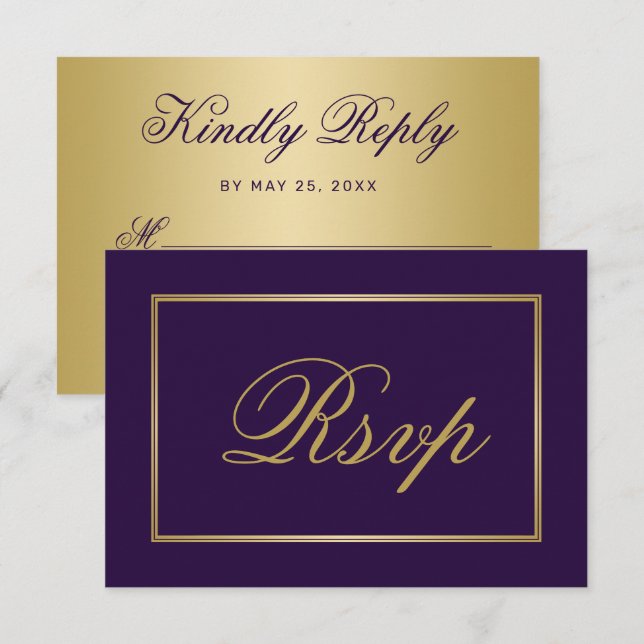 Chic Purple Gold Script Calligraphy Wedding RSVP Card (Front/Back)