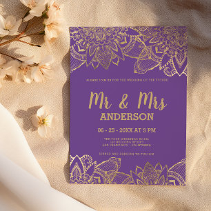 Chic purple gold script MR MRS mandala Wedding Invitation