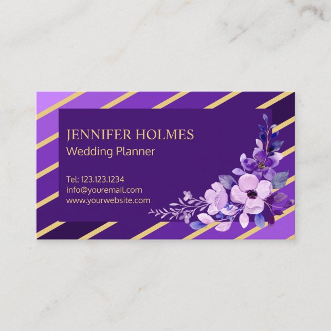 Chic Purple Gold Stripes Floral Business Card (Front)