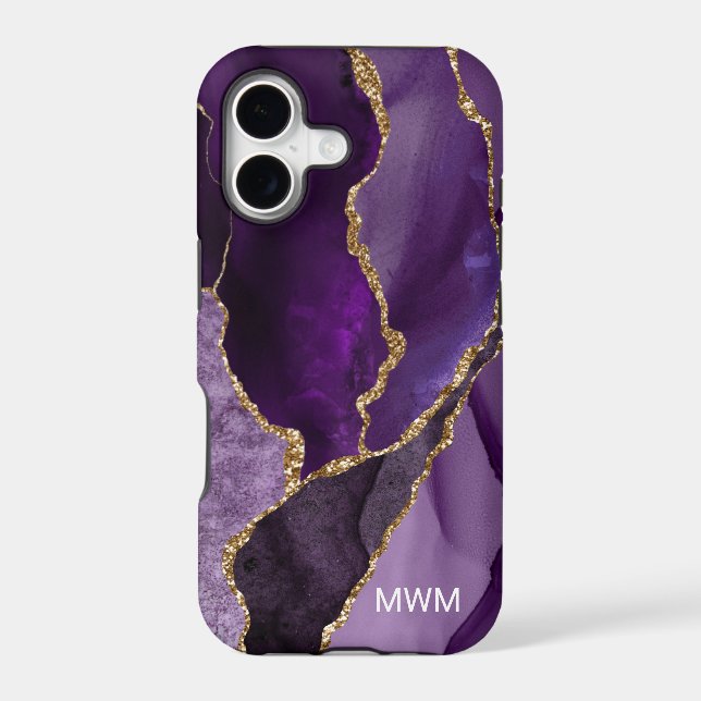 Chic Purple Gold Veins Agate Monogram Case-Mate iPhone Case (Back)