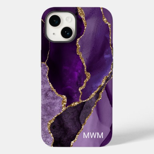 Chic Purple Gold Veins Agate Monogram Case_Mate iPhone 14 Case